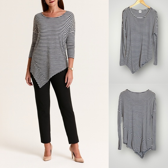 CAbi | Boat Stripe Tee Top Asymetric Long Sleeve Black White - Picture 1 of 10